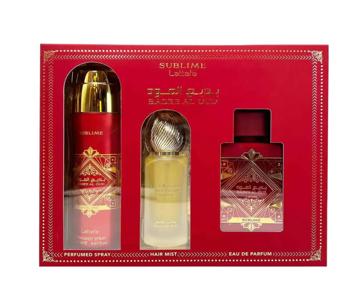 Lattafa Badee Al Oud Sublime Red Gift Set Sprays + Perfume 3ct