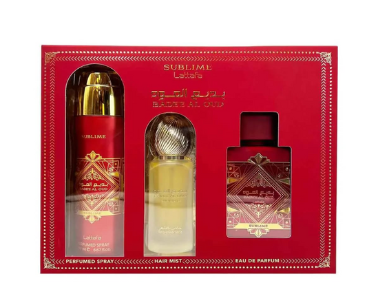 Lattafa Badee Al Oud Sublime Red Gift Set Sprays + Perfume 3ct