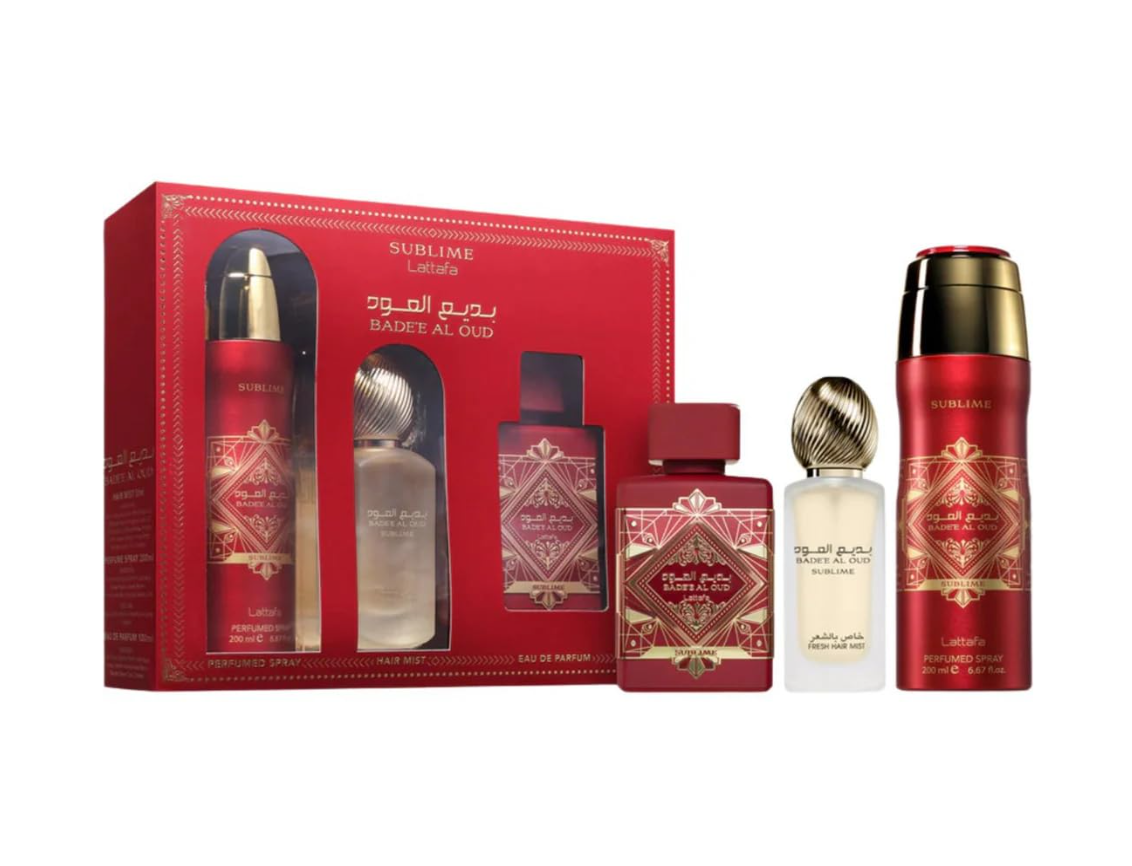 Lattafa Badee Al Oud Sublime Red Gift Set Sprays + Perfume 3ct