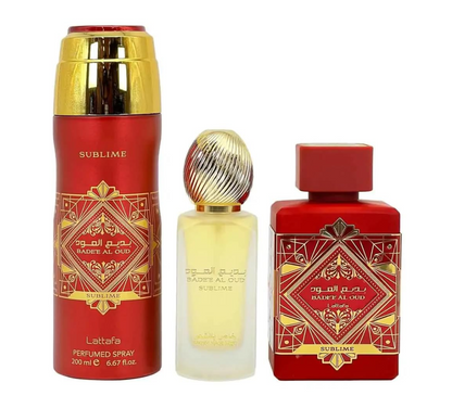 Lattafa Badee Al Oud Sublime Red Gift Set Sprays + Perfume 3ct