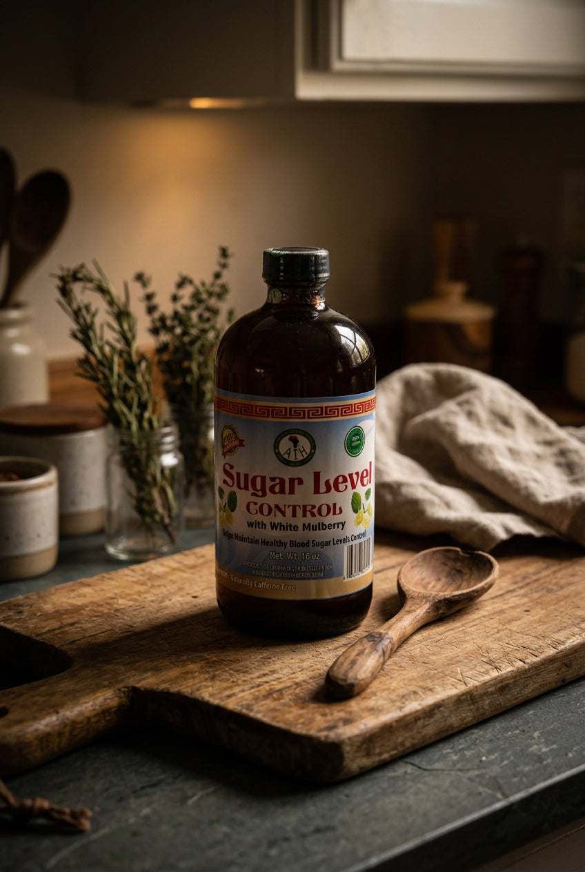 African Indian Herbs Sugar Level Control with White Mulberry bottle on a rustic board beside herbs and a wooden spoon