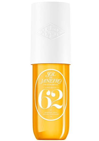 Bottle of Sol de Janeiro Cheirosa 62 Hair & Body Mist, w/ notes of pistachio, almond, jasmine petals, vanilla, salted caramel, & sandalwood.