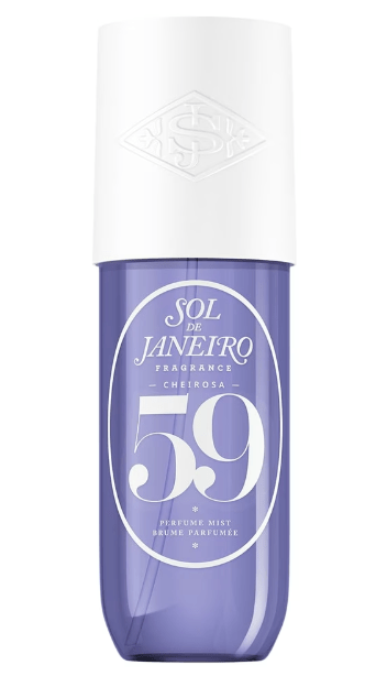 Bottle of Sol de Janeiro Cheirosa 59 Hair & Body Mist, with notes of vanilla orchid, sugared violet, plum, amber, & musk.