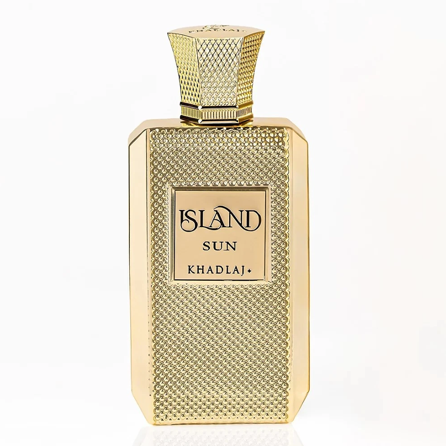 Khadlaj Island Sun front view of the gold textured bottle and gold cap