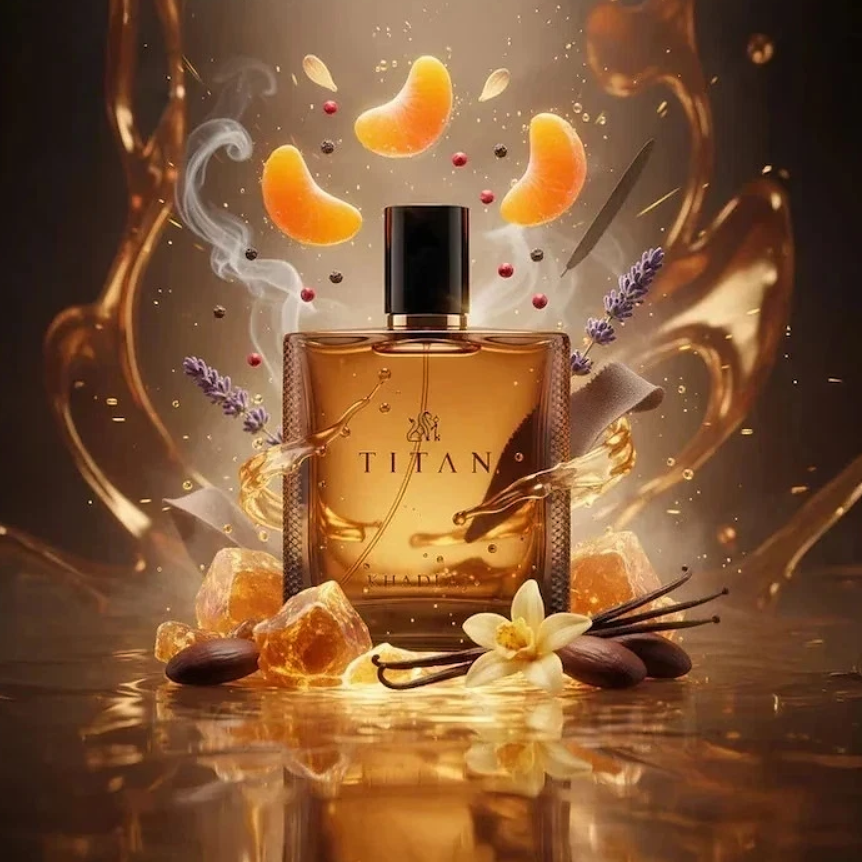 Khadlaj Titan bottle surrounded by citrus, pink peppercorns and vanilla-inspired props