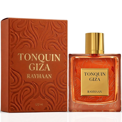 Rayhaan Tonquin Giza amber-colored square bottle with gold cap beside its orange patterned box