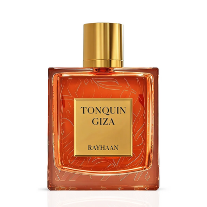 Rayhaan Tonquin Giza front view of the amber bottle and gold name plaque