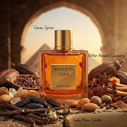 Rayhaan Tonquin Giza bottle with cacao beans, almonds, spices and dark pods beneath a stone arch