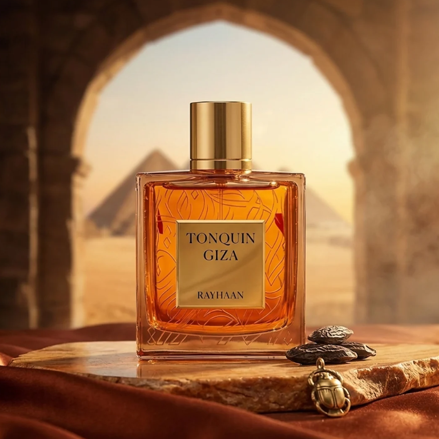 Rayhaan Tonquin Giza amber bottle on a warm stone ledge with dark pods and gold ornaments