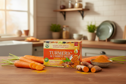 AL-RIYAN Turmeric & Carrot Seed Herbal Soap bars in packaging with turmeric and carrot seed.