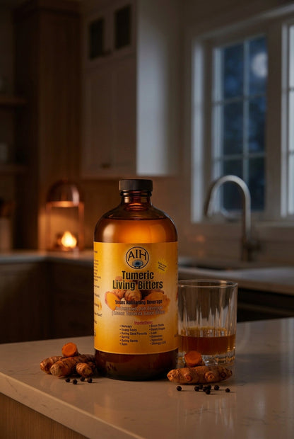 African Indian Herbs Turmeric Living Bitter bottle on a table in a softly lit evening interior