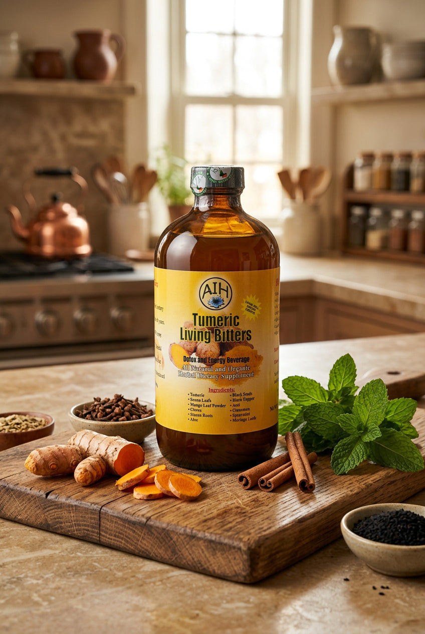 African Indian Herbs Turmeric Living Bitter bottle on a kitchen board with turmeric roots and botanical props