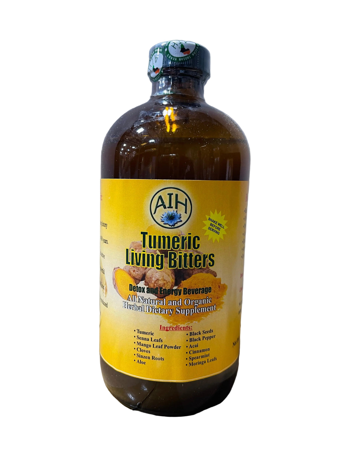 African Indian Herbs Turmeric Living Bitter bottle with yellow Turmeric Living Bitters label
