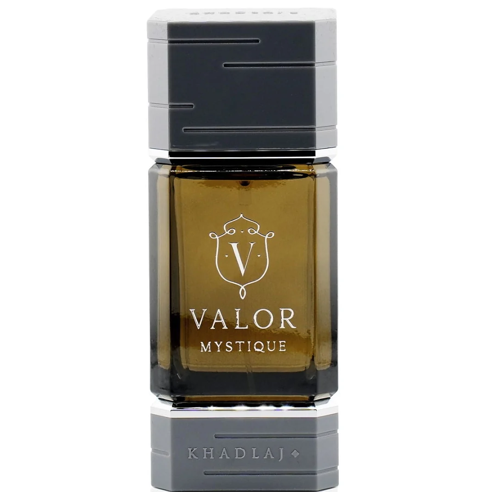 Khadlaj Valor Mystique front view of the amber bottle with dark cap and silver base