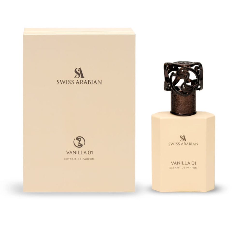 Swiss Arabian Vanilla 01 matte beige perfume bottle with dark openwork cap and textured brown neck, beside its matching beige box with black lettering on white.