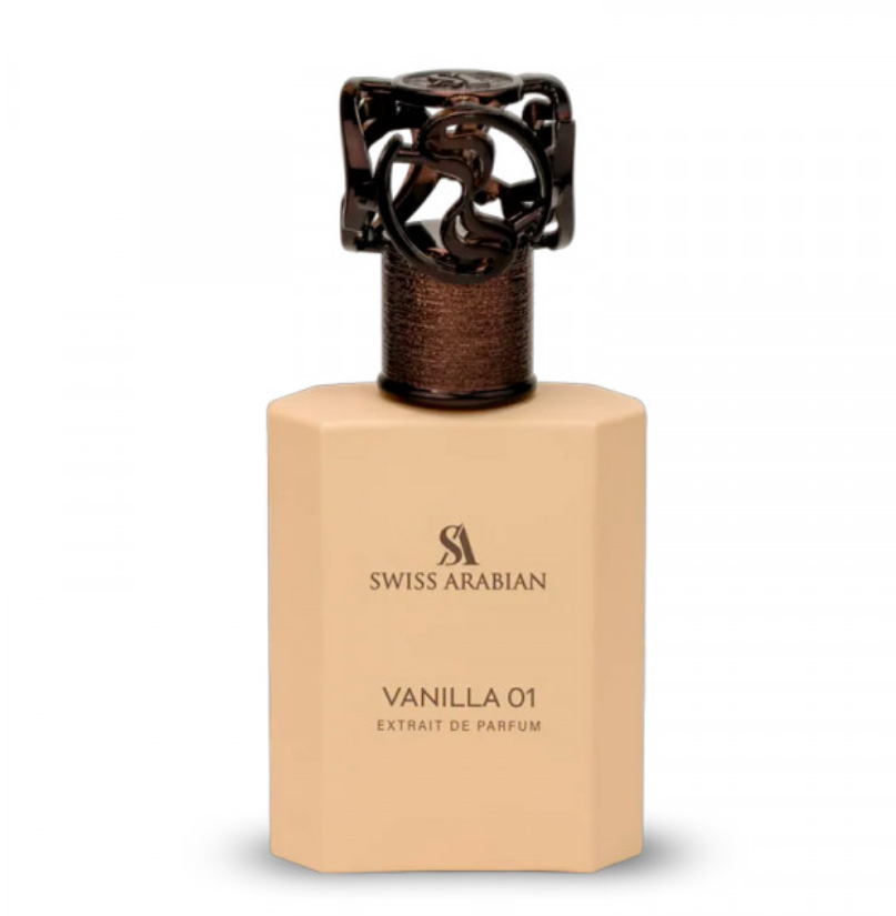 Swiss Arabian Vanilla 01 beige bottle with angled corners, black lettering, textured brown neck and sculptural dark openwork cap, isolated on white.