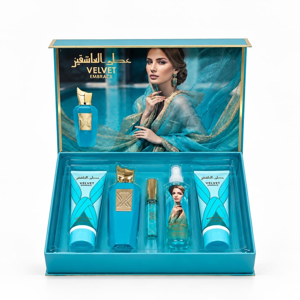 Velvet Embrace V24 open turquoise five-piece fragrance and body care gift box