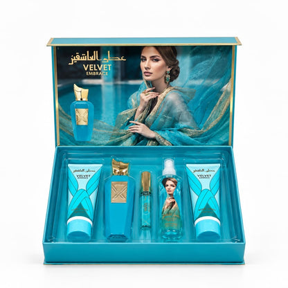 Velvet Embrace V24 open turquoise five-piece fragrance and body care gift box