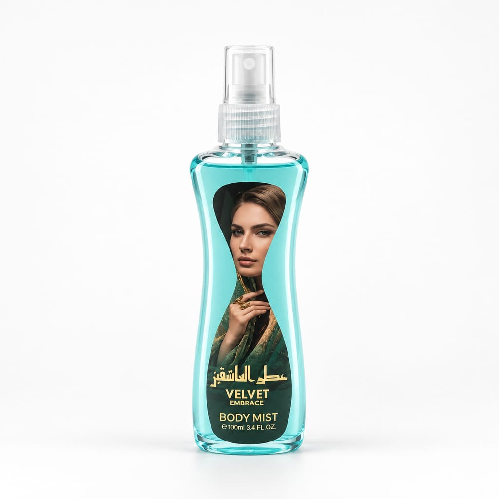 Velvet Embrace V24 turquoise body mist bottle with clear spray top