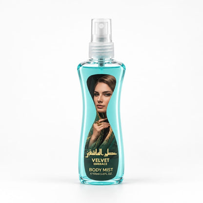 Velvet Embrace V24 turquoise body mist bottle with clear spray top