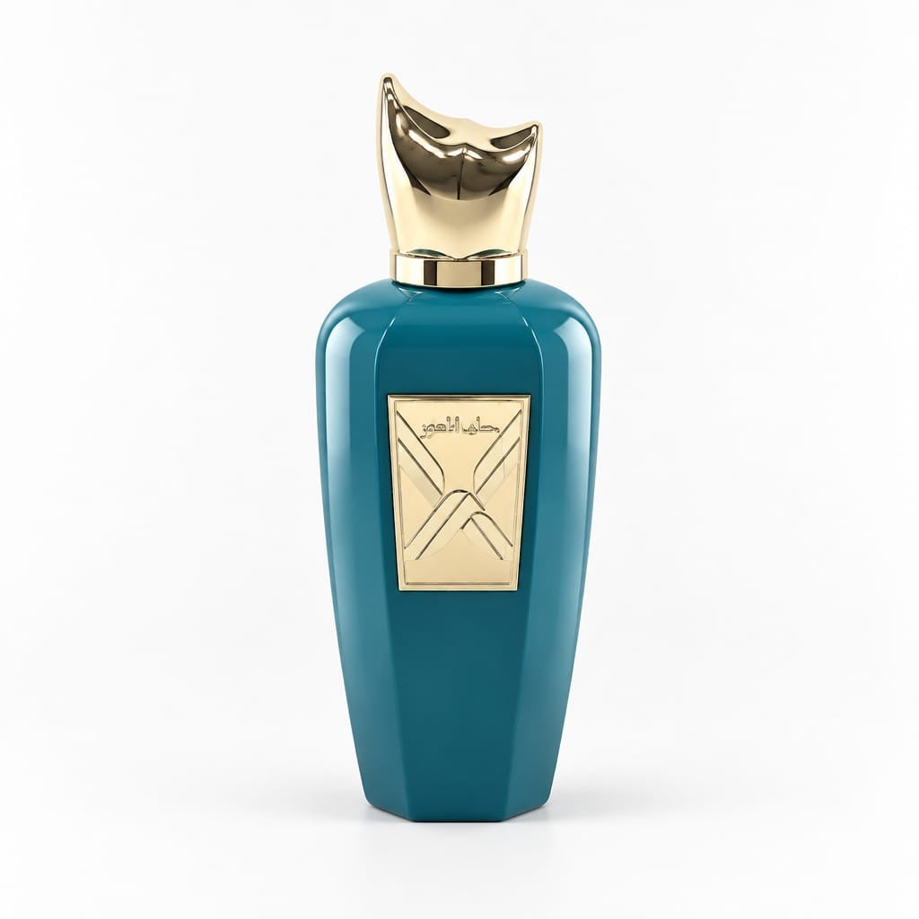 Velvet Embrace V24 teal perfume bottle with angular gold cap