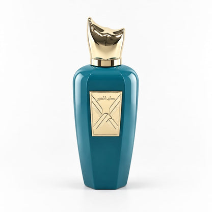 Velvet Embrace V24 teal perfume bottle with angular gold cap