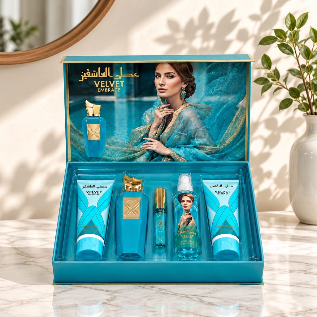 Velvet Embrace V24 open turquoise gift box on a table beside plants