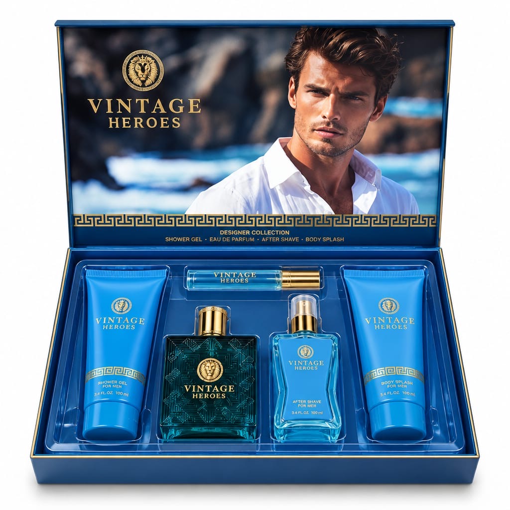 Vintage Heroes Pour Homme open blue five-piece gift box displaying perfume and grooming items