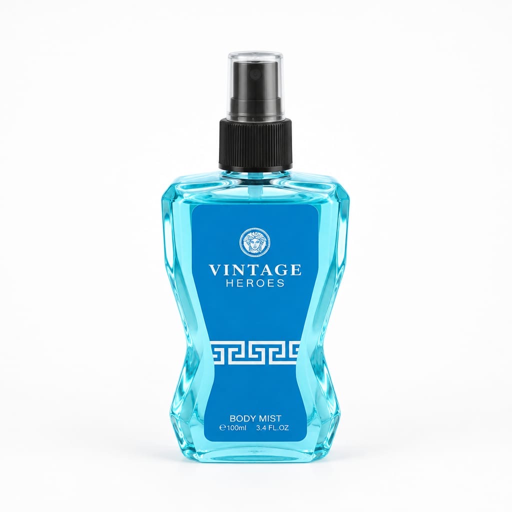 Vintage Heroes Pour Homme blue grooming bottle with black spray top from the gift set