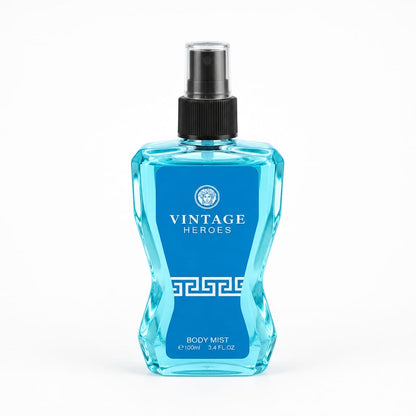 Vintage Heroes Pour Homme blue grooming bottle with black spray top from the gift set