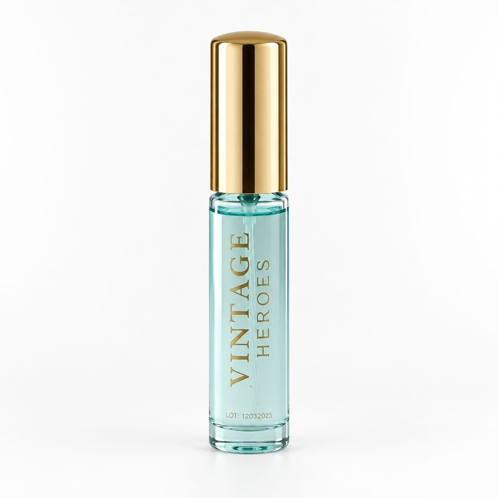 Vintage Heroes Pour Homme clear compact fragrance spray with gold cap from the gift set
