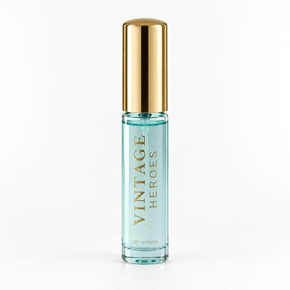 Vintage Heroes Pour Homme clear compact fragrance spray with gold cap from the gift set