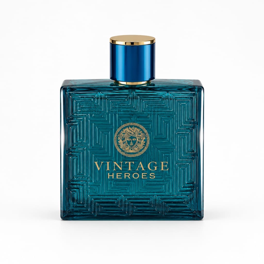 Vintage Heroes Pour Homme dark teal embossed perfume bottle with a blue and gold cap