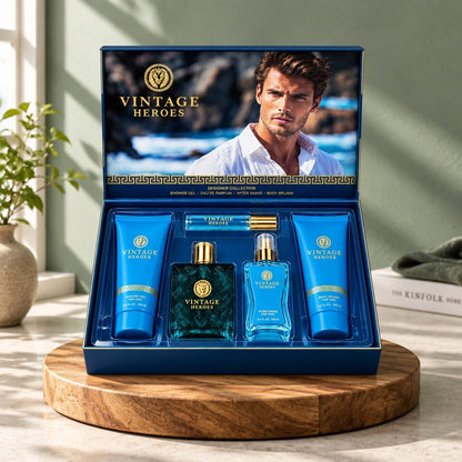 Vintage Heroes Pour Homme open blue gift set on a round wooden table with books and foliage