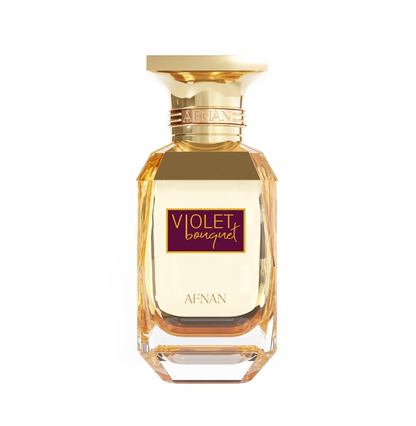 Afnan Violet Bouquet clear amber-edged bottle with pale yellow liquid, purple-and-gold front label, gold shoulders and wide gold cap, isolated on white.