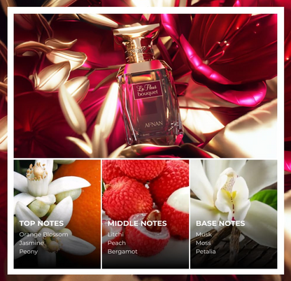 Afnan Violet Bouquet bottle on red-and-gold floral graphics above a note chart listing orange blossom, jasmine and peony; litchi, peach and bergamot; musk, moss and Petalia.