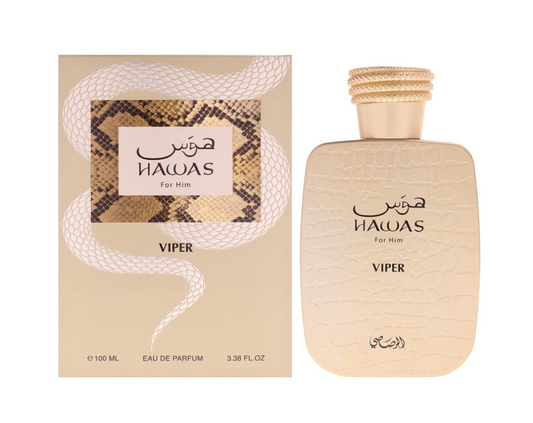 Rasasi Hawas Viper pale gold textured bottle with a coiled gold cap beside a beige box featuring a white snake and snakeskin-patterned panel on white.