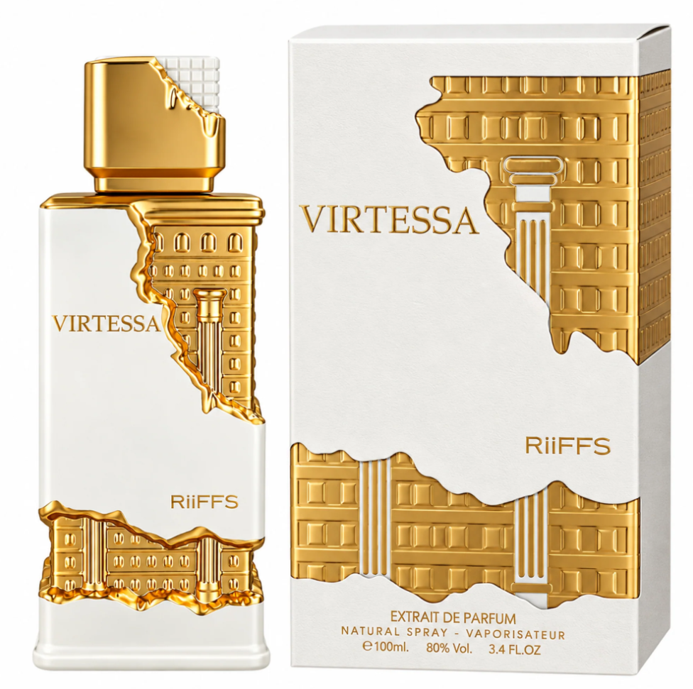 Riiffs Virtessa white-and-gold rectangular perfume bottle with raised architectural detailing and square gold cap, beside its matching white-and-gold box on white.