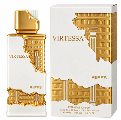 Riiffs Virtessa white-and-gold rectangular perfume bottle with raised architectural detailing and square gold cap, beside its matching white-and-gold box on white.