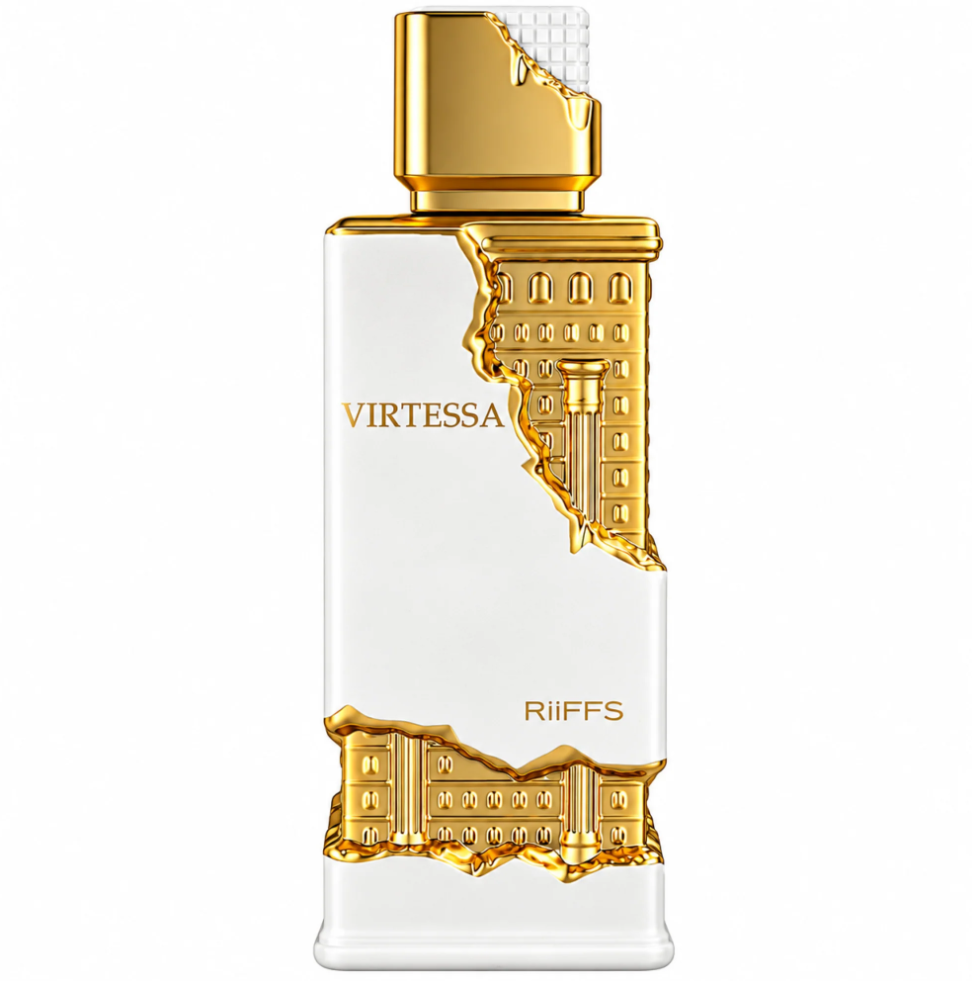 Riiffs Virtessa white perfume bottle with raised gold architectural relief along the side and base, gold lettering and square gold-and-white cap, isolated on white.