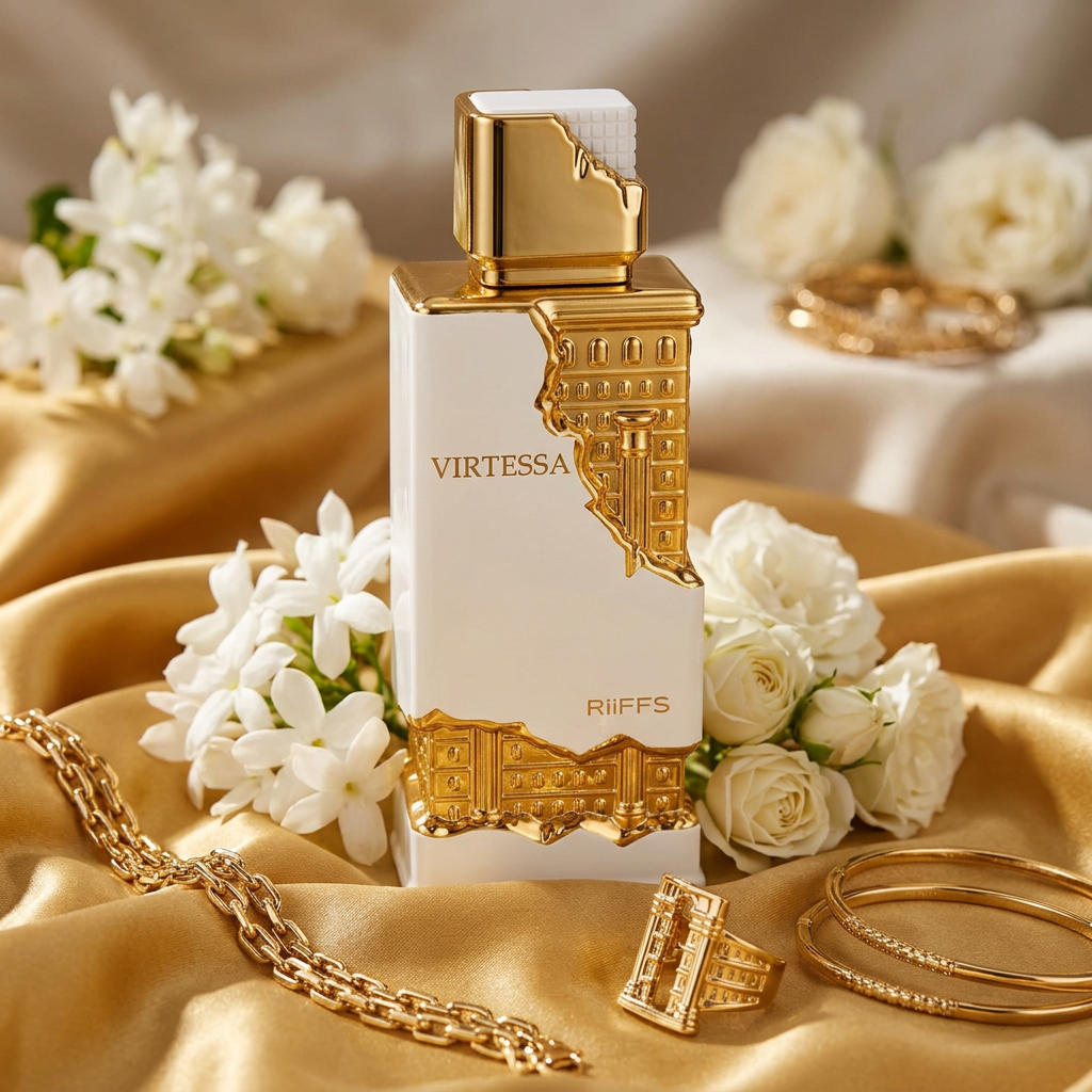 Riiffs Virtessa white-and-gold bottle on gold satin among white flowers and pale roses, with gold chains, rings and bracelets in the foreground.