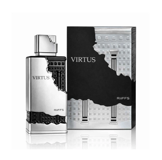 Riiffs Virtus rectangular silver-and-black perfume bottle with architectural relief detail and square metallic cap, beside its matching patterned box on white.