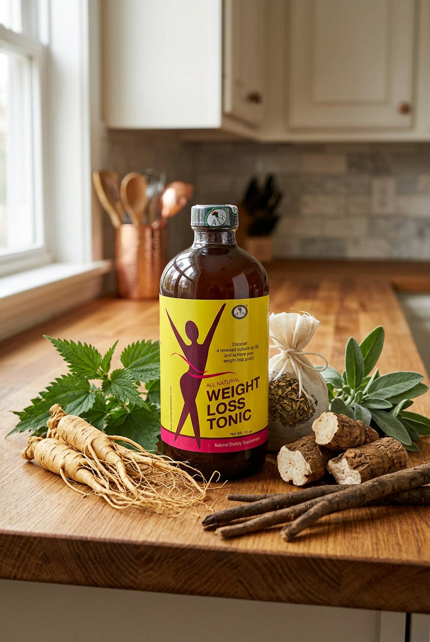 African Indian Herbs Women Weight Loss Tonic bottle on a kitchen table with roots and botanical props