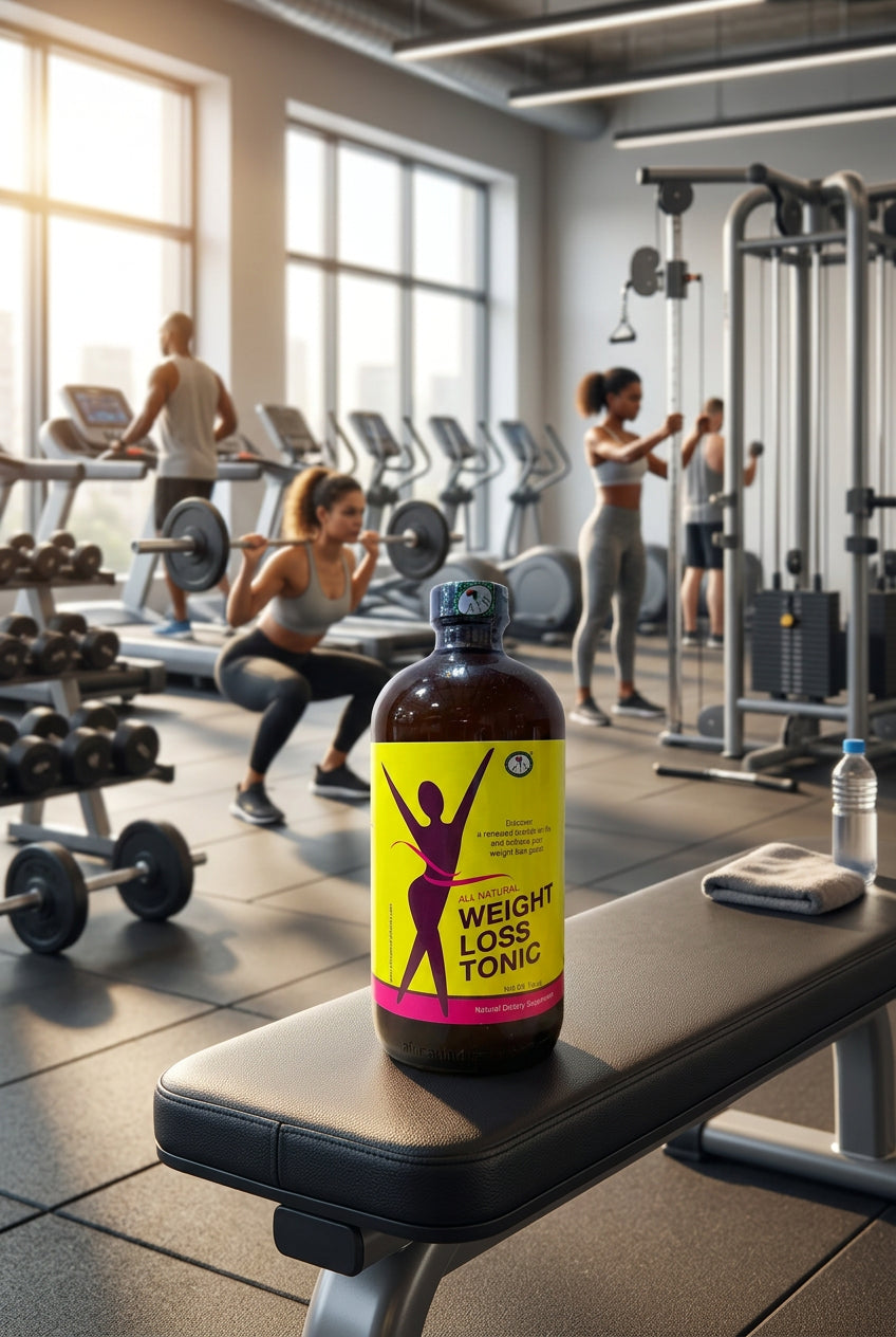 African Indian Herbs Women Weight Loss Tonic bottle on a workout bench in a gym