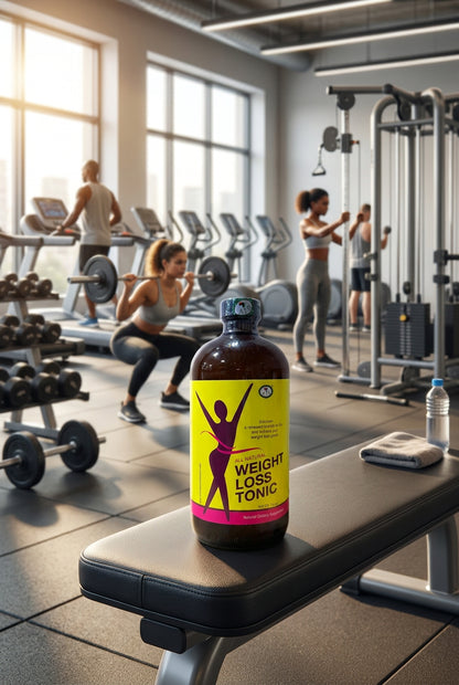 African Indian Herbs Women Weight Loss Tonic bottle on a workout bench in a gym
