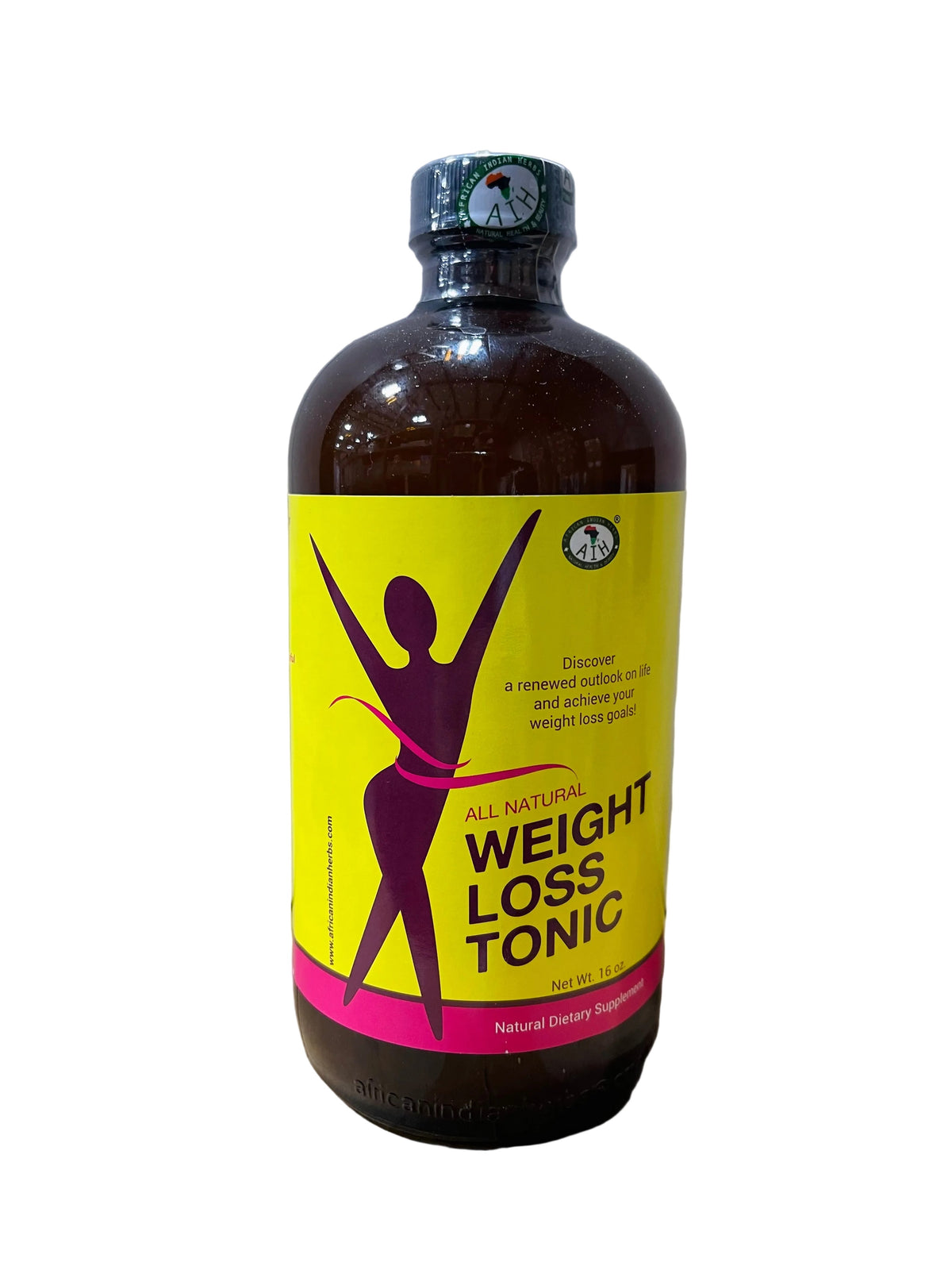 African Indian Herbs Women Weight Loss Tonic bottle with yellow and pink Weight Loss Tonic label