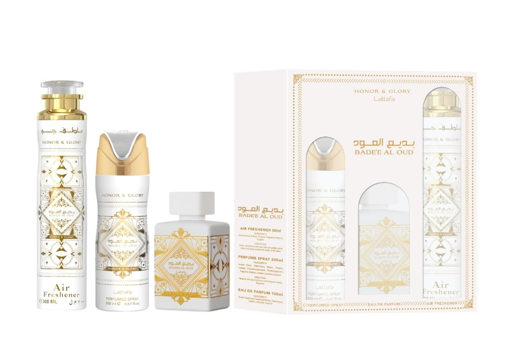 Lattafa Badee Al Oud Honor & Glory White Gift Set Sprays + Perfume 3ct