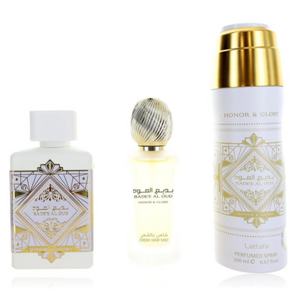 Lattafa Badee Al Oud Honor & Glory White Gift Set Sprays + Perfume 3ct