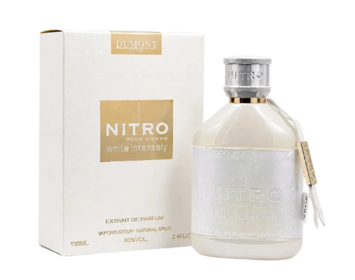 Dumont Paris Nitro White Intensely ivory bottle with stitched white wrap, silver cylindrical cap and gold neck band, beside its white-and-gold box on white.