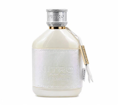 Dumont Paris Nitro White Intensely ivory bottle with embossed white front wrap, silver textured cap, gold neck band and hanging white tags, isolated on white.